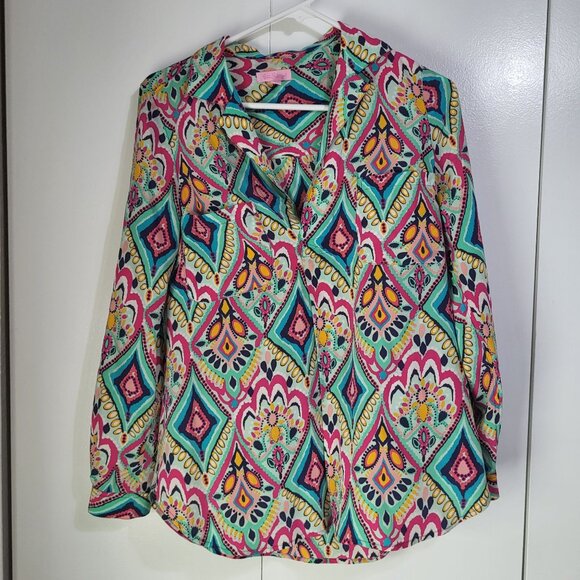 Lilly Pulitzer Tops - Lilly Pulitzer Boston Crown Jewel Silk Popover Blouse SZ Small Geometric Print